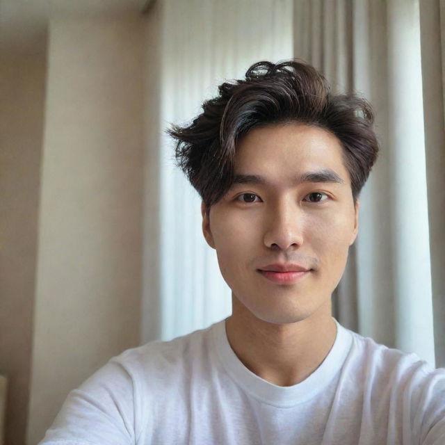 A handsome man of Korean and Dutch descent with a bright face and curtain hairstyle, taking a selfie