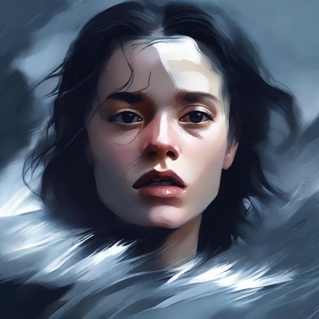 A high-quality, dramatic digital art image showing a girl in the act of falling into a turbulent river