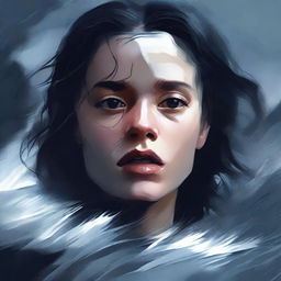 A high-quality, dramatic digital art image showing a girl in the act of falling into a turbulent river