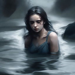 A high-quality, dramatic digital art image showing a girl in the act of falling into a turbulent river