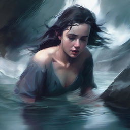 A high-quality, dramatic digital art image showing a girl in the act of falling into a turbulent river