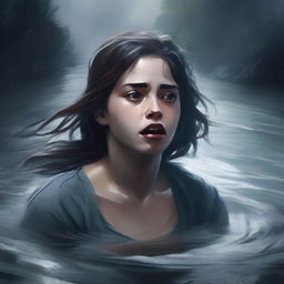 A high-quality, dramatic digital art image showing a girl in the act of falling into a turbulent river