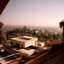 Create a Julius Shulman style architectural photograph of a house in the LA hills overlooking the city, with a 16:9 aspect ratio, color, and 90% sharpness.