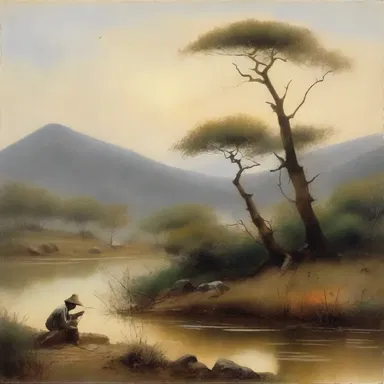 The painter captured the serenity of nature by adding a small pisser figure in the corner of the landscape painting.