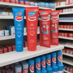 Visualize a 2-for-1 discount combo of red and blue toothpaste and toothbrushes from the Crest brand displayed on customized POP material in small grocery stores.