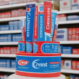 Visualize a 2-for-1 discount combo of red and blue toothpaste and toothbrushes from the Crest brand displayed on customized POP material in small grocery stores.