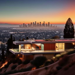 Create a Julius Shulman style architectural photograph of a house in the LA hills overlooking the city, with a 16:9 aspect ratio, color, and 90% sharpness.