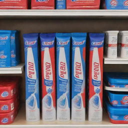 Visualize a 2-for-1 discount combo of red and blue toothpaste and toothbrushes from the Crest brand displayed on customized POP material in small grocery stores.