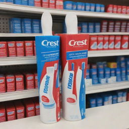 Visualize a 2-for-1 discount combo of red and blue toothpaste and toothbrushes from the Crest brand displayed on customized POP material in small grocery stores.