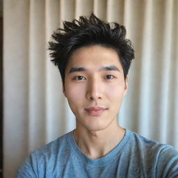 A handsome man of South Korean and American descent with a bright face and curtain hairstyle, taking a selfie