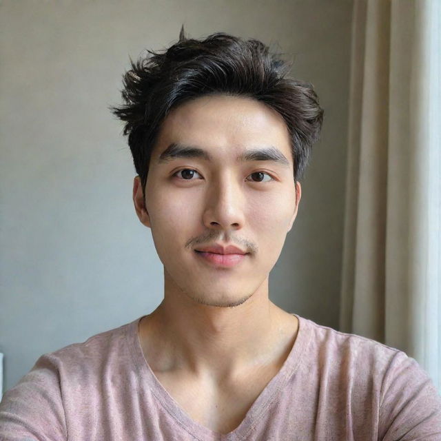 A handsome man of South Korean and American descent with a bright face and curtain hairstyle, taking a selfie