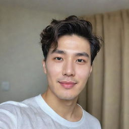 A handsome man of South Korean and American descent with a bright face and curtain hairstyle, taking a selfie