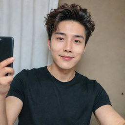 A handsome man of South Korean and American descent with a bright face and curtain hairstyle, taking a selfie