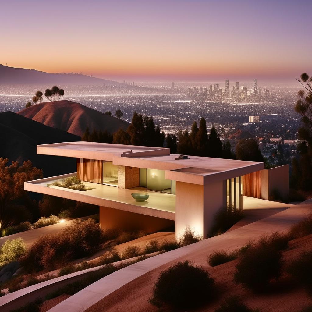 Create a Julius Shulman style architectural photograph of a house in the LA hills overlooking the city, with a 16:9 aspect ratio, color, and 90% sharpness.