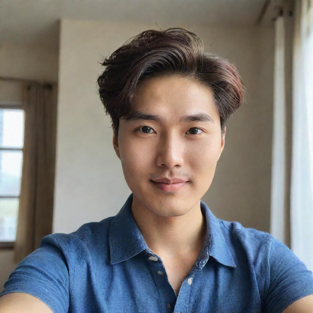 A handsome native South Korean man with a bright face and curtain hairstyle, taking a selfie