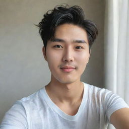 A handsome native South Korean man with a bright face and curtain hairstyle, taking a selfie