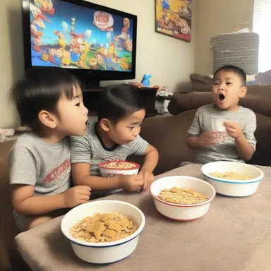The kids were eating dry cereal while watching their favorite cartoons.