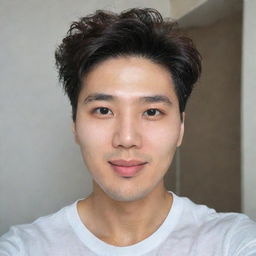 A handsome native South Korean man with a bright face and curtain hairstyle, taking a selfie