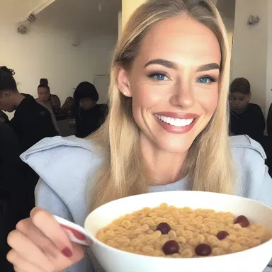 The fashion-forward model started her day with a bowl of dry cereal before preparing for the runway show.