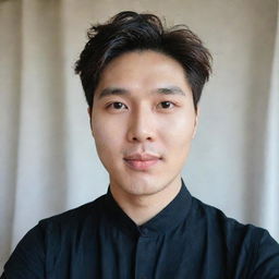 A handsome native South Korean man with a bright face and curtain hairstyle, taking a selfie