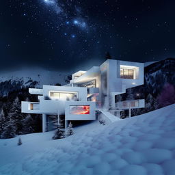 An extreme psychedelic version of the white, minimalist multi-level concept home set in a snowy mountain landscape at night during a meteor shower, with exaggerated color shifts, reality distortion, and intense light hallucinations.