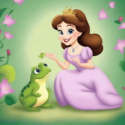 A charming, high-quality digital art image depicting a princess interacting with a frog