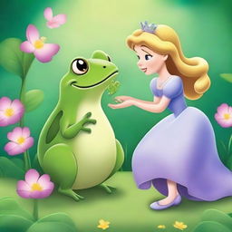 A charming, high-quality digital art image depicting a princess interacting with a frog