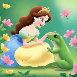 A charming, high-quality digital art image depicting a princess interacting with a frog