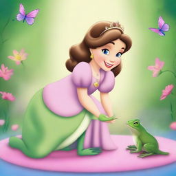 A charming, high-quality digital art image depicting a princess interacting with a frog