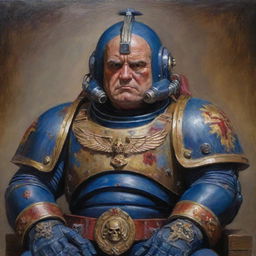 A traditional oil painting of a venerable space marine commander, helmet in his lap, and chest decorated with medals. He has a stern expression, and his face shows age and battle scars.