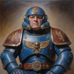 A traditional oil painting of a venerable space marine commander, helmet in his lap, and chest decorated with medals. He has a stern expression, and his face shows age and battle scars.