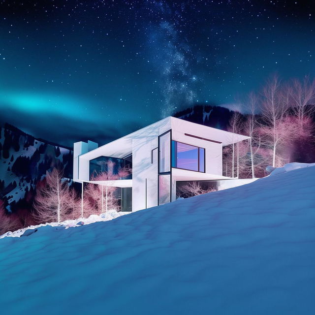 An extreme psychedelic version of the white, minimalist multi-level concept home set in a snowy mountain landscape at night during a meteor shower, with exaggerated color shifts, reality distortion, and intense light hallucinations.