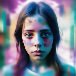 A powerful, high-quality digital art image capturing a girl in a state of distress, her eyes wide and unfocused