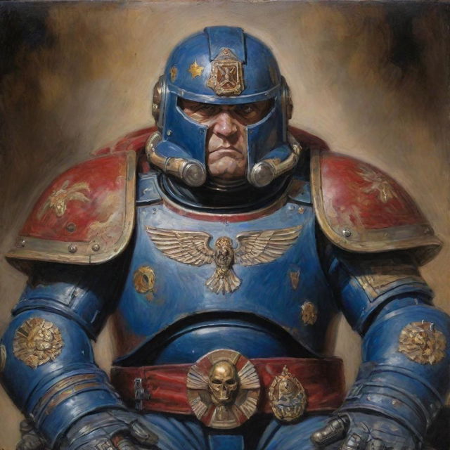 A traditional oil painting of a venerable space marine commander, helmet in his lap, and chest decorated with medals. He has a stern expression, and his face shows age and battle scars.