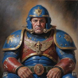 A traditional oil painting of a venerable space marine commander, helmet in his lap, and chest decorated with medals. He has a stern expression, and his face shows age and battle scars.