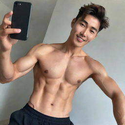 A handsome native South Korean man with a fit body showing off his abs, a bright face, and a comma hairstyle, taking a selfie