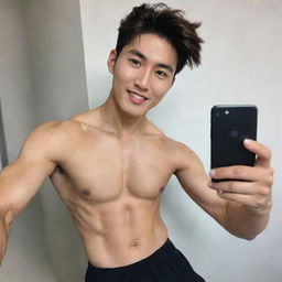 A handsome native South Korean man with a fit body showing off his abs, a bright face, and a comma hairstyle, taking a selfie