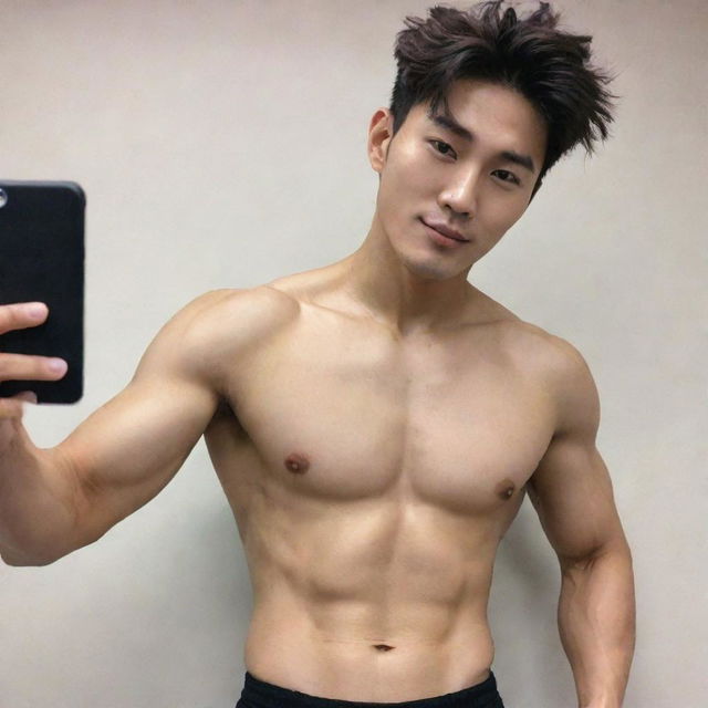 A handsome native South Korean man with a fit body showing off his abs, a bright face, and a comma hairstyle, taking a selfie