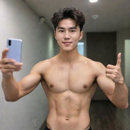 A handsome native South Korean man with a fit body showing off his abs, a bright face, and a comma hairstyle, taking a selfie