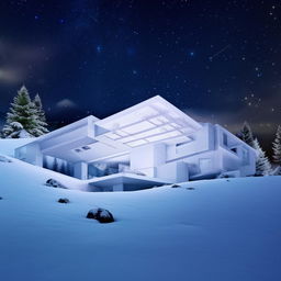 An extreme psychedelic version of the white, minimalist multi-level concept home set in a snowy mountain landscape at night during a meteor shower, with exaggerated color shifts, reality distortion, and intense light hallucinations.