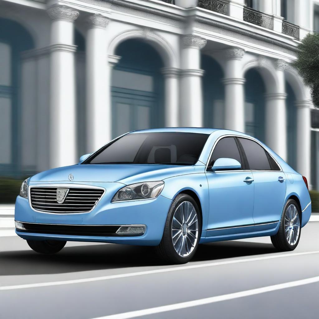 A high-quality digital art image showcasing a luxurious light blue and grey saloon car