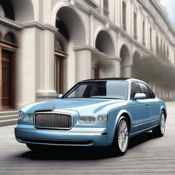 A high-quality digital art image showcasing a luxurious light blue and grey saloon car