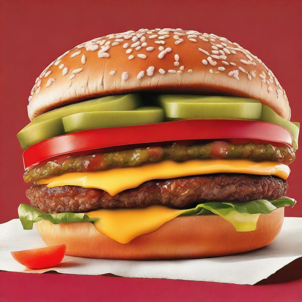 This is a high-definition image of a juicy Burger King Whopper, loaded with tangy mustard, crunchy pickles, melted cheese, and fresh tomatoes