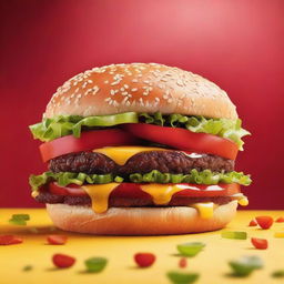 This is a high-definition image of a juicy Burger King Whopper, loaded with tangy mustard, crunchy pickles, melted cheese, and fresh tomatoes