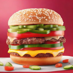 This is a high-definition image of a juicy Burger King Whopper, loaded with tangy mustard, crunchy pickles, melted cheese, and fresh tomatoes