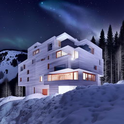 An extreme psychedelic version of the white, minimalist multi-level concept home set in a snowy mountain landscape at night during a meteor shower, with exaggerated color shifts, reality distortion, and intense light hallucinations.