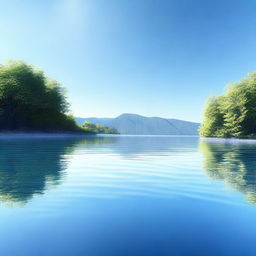 An image of a serene water body under a clear sky