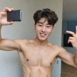 A cute native South Korean man with a bright face and comma hairstyle, flexing his abs and taking a selfie