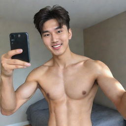 A cute native South Korean man with a bright face and comma hairstyle, flexing his abs and taking a selfie