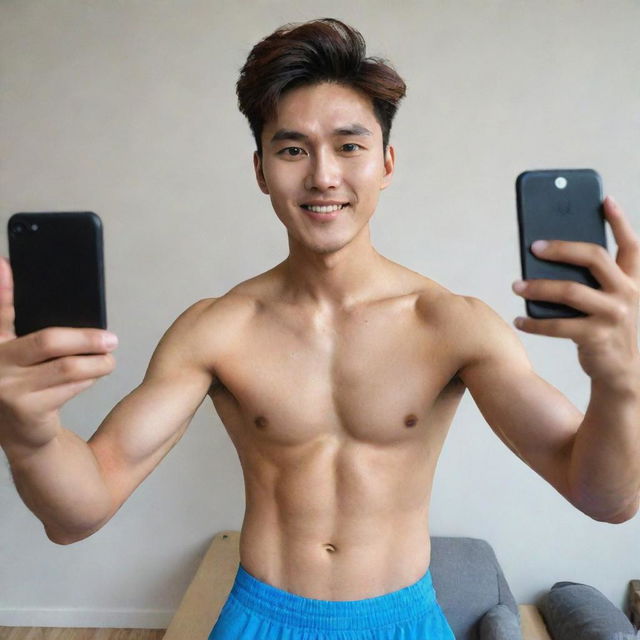 A cute native South Korean man with a bright face and comma hairstyle, flexing his abs and taking a selfie